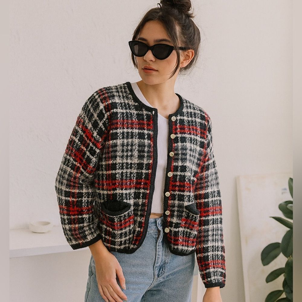LISE J. Sweater Plaid Preppy Academia Knit Cardigan Padded Shoulders L